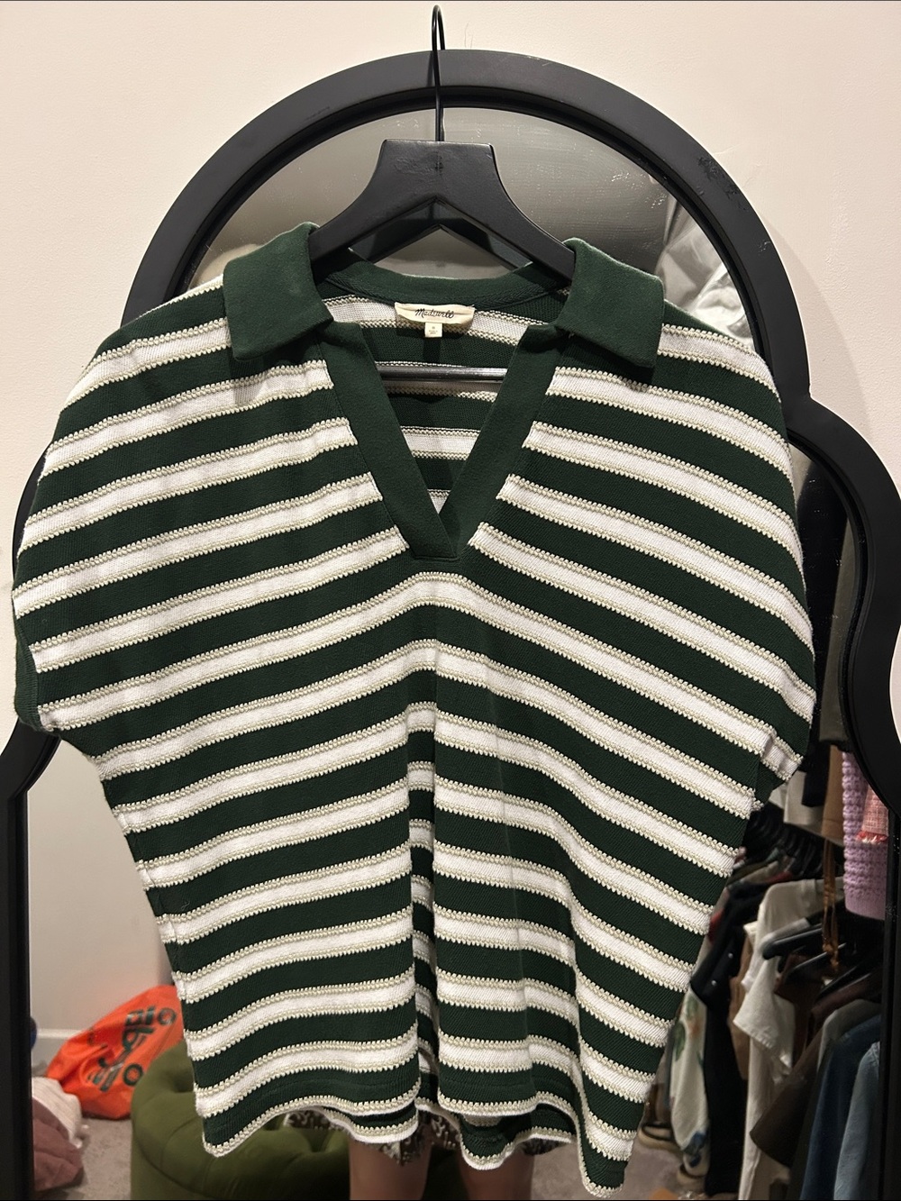 Madewell Green and White Striped V-Neck Boxy Polo